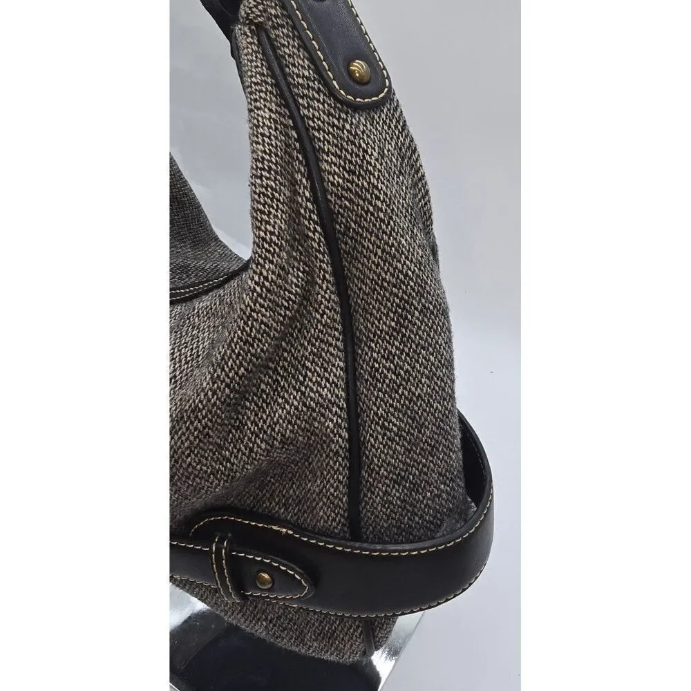 Chaps Tweed & Leather Hobo Shoulder Bag With Brass Accents old money academia